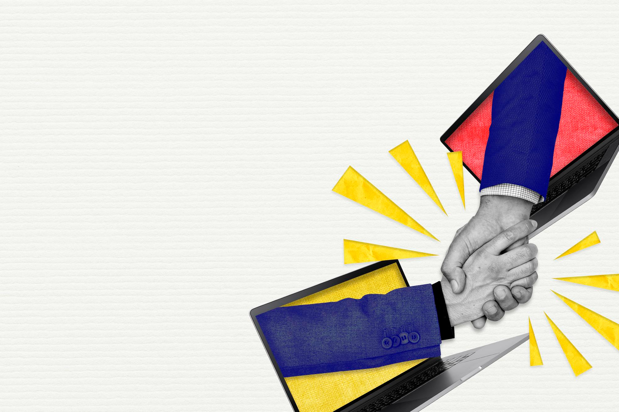Rede on-line de handshake marketing remixado de fundo de mídia